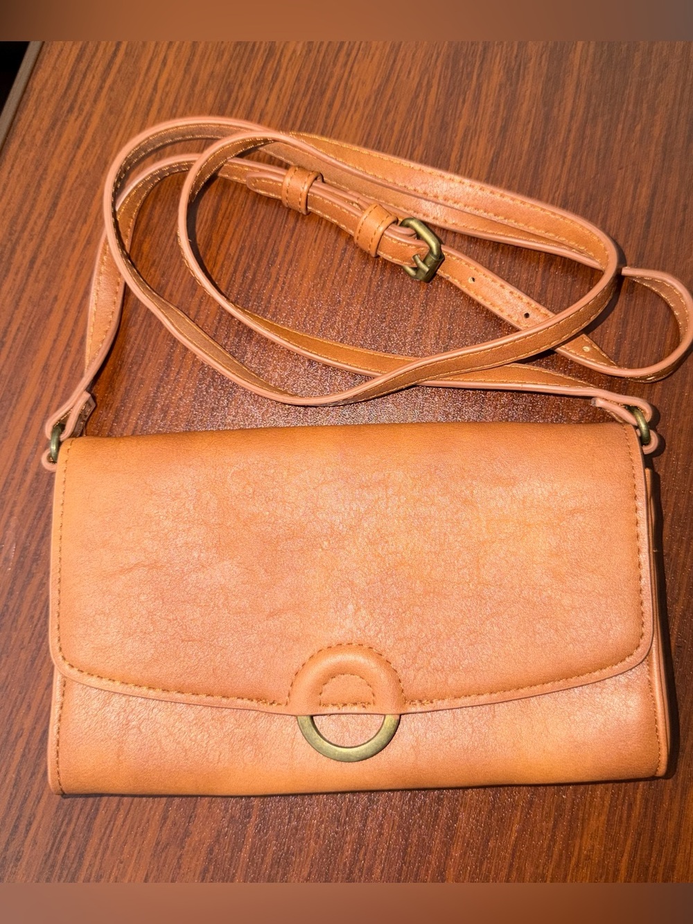 Cognac Faux Leather Wallet Crossbody Bag Envelope Flap Clutch